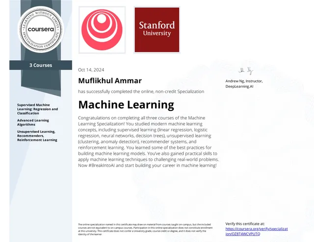 Sertifikat Machine Learning Specialization